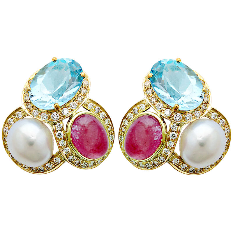 Earrings - Rubellite, Blue Topaz, South Sea Pearl and Diamond | Singhvi Jewels