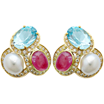 Earrings - Rubellite, Blue Topaz, South Sea Pearl And Diamond