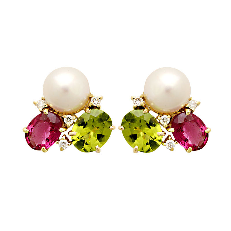 Earrings - Rubellite, Peridot, South Sea Pearl and Diamond | Singhvi Jewels