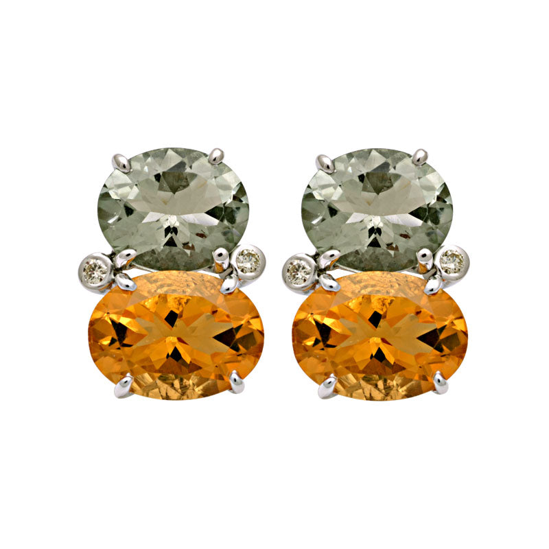 Earrings-Green Quartz, Citrine and Diamond