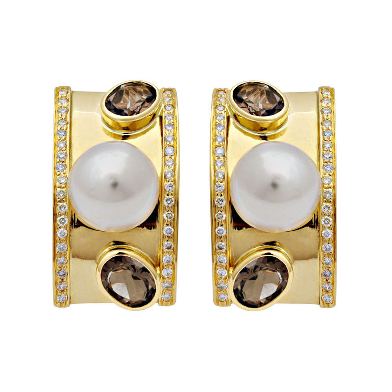 Earrings-Smokey Quartz, South Sea Pearl and Diamond