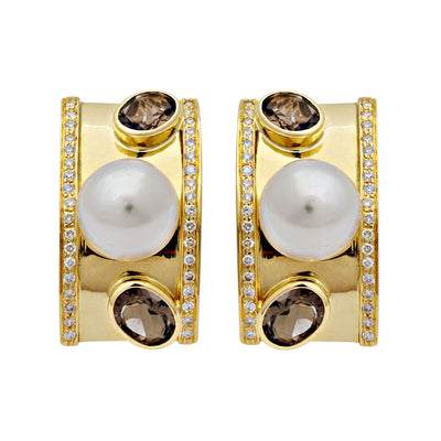 Earrings - Smokey Quartz, South Sea Pearl And Diamond