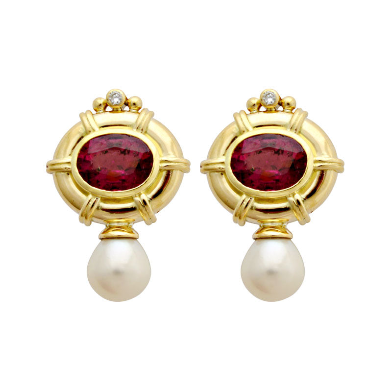 Earrings - Rubellite, Fresh Water Pearl and Diamond | Singhvi Jewels