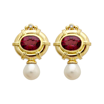 Earrings - Rubellite, Freshwater Pearl And Diamond