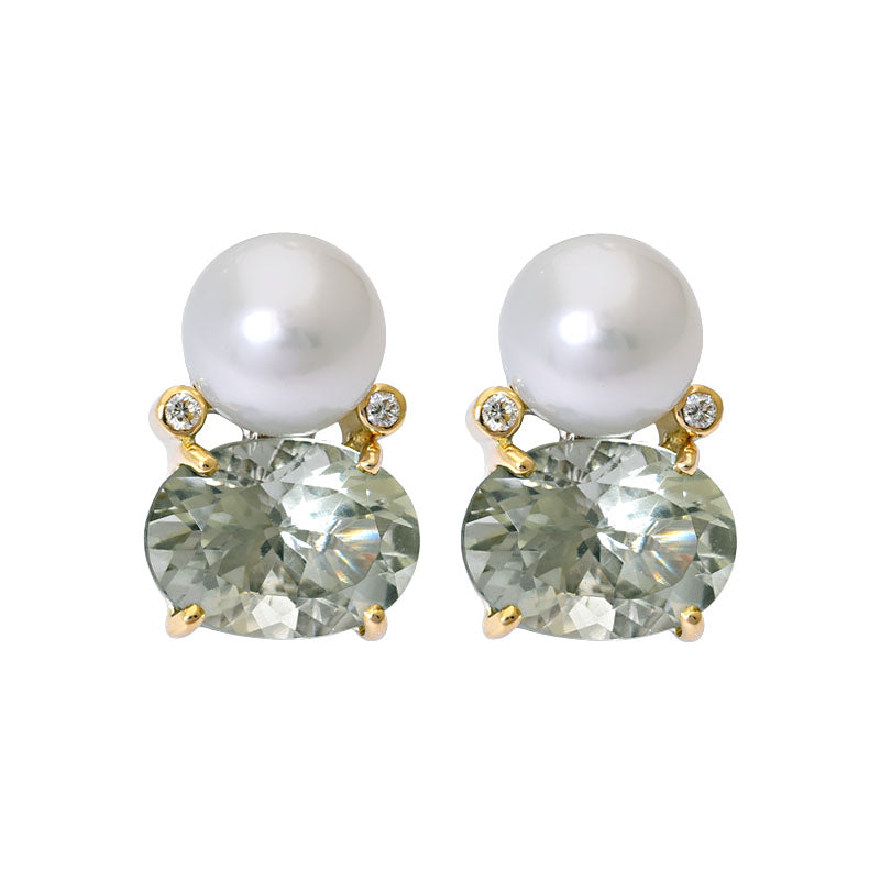 Earrings- Green Quartz, South Sea Pearl and Diamond