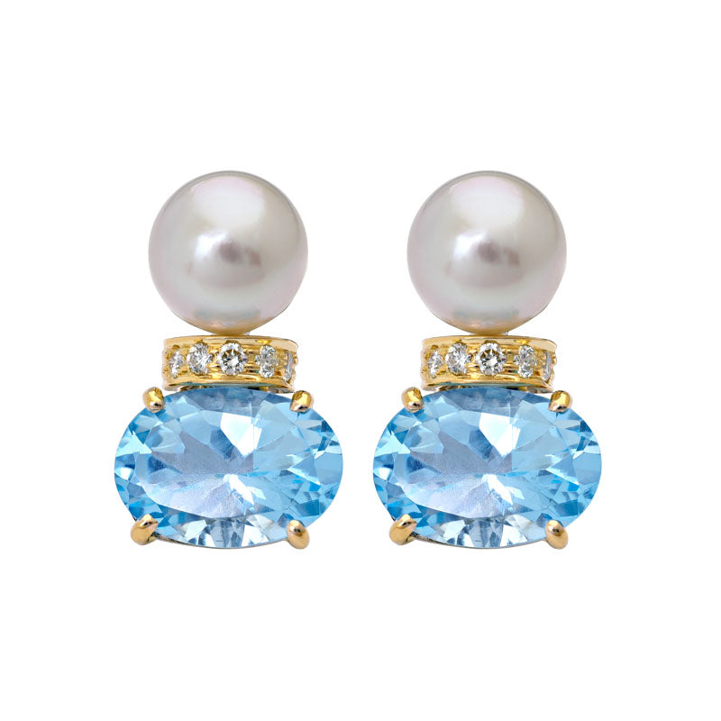 Earrings- Blue Topaz, South Sea Pearl and Diamond
