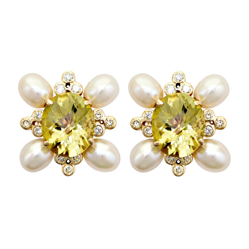 Earrings-Lemon Quartz, Fresh Water Pearl and Diamond