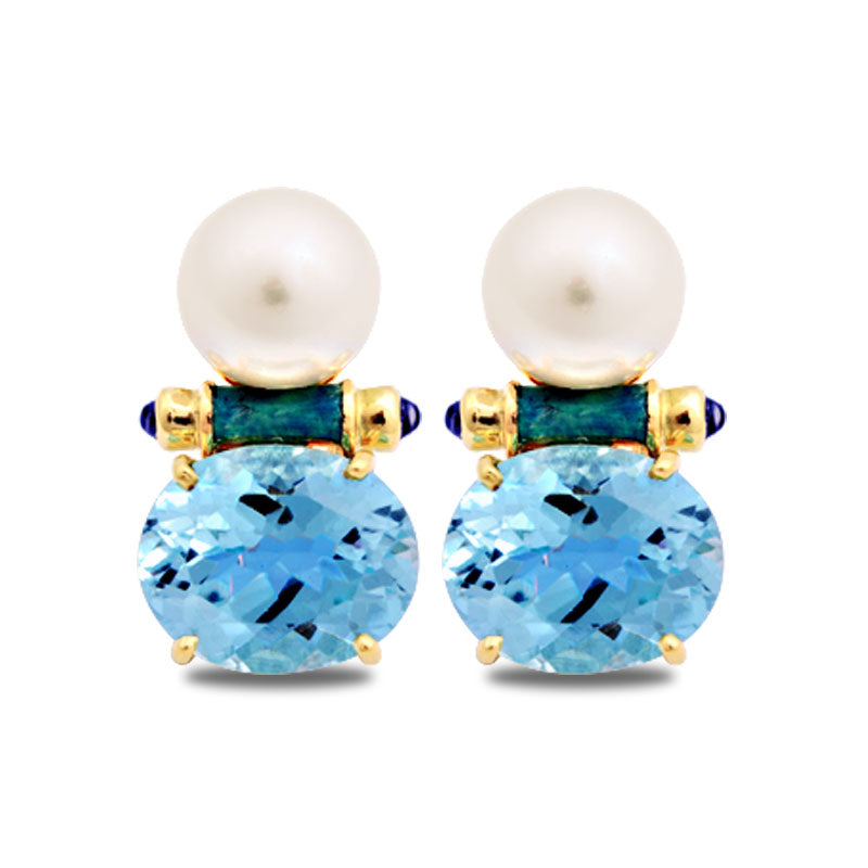 Earrings-Iolite, Blue Topaz and South Sea Pearl (Enamel)