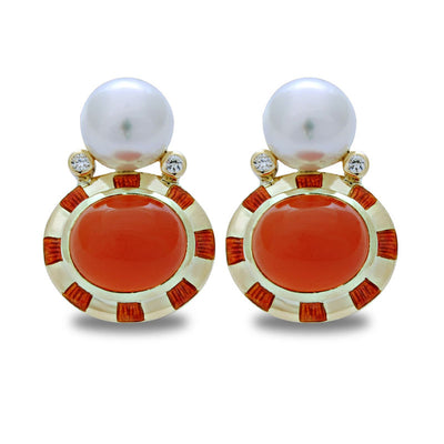 Earrings - Cornelian, South Sea Pearl and Diamond (Enamel)