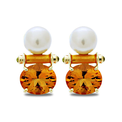 Earrings - Citrine, Peridot And South Sea Pearl (Enamel)