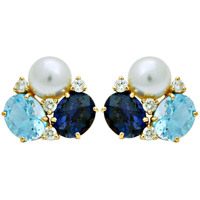 Earrings - South Sea Pearl, Iolite, Blue Topaz And Diamond