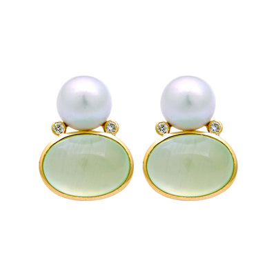 Earrings - Prehnite, South Sea Pearl And Diamond