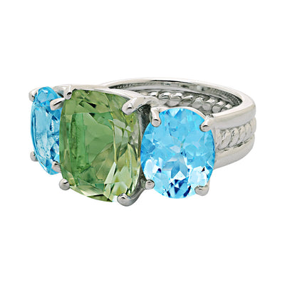 Ring - Green Quartz And Blue Topaz