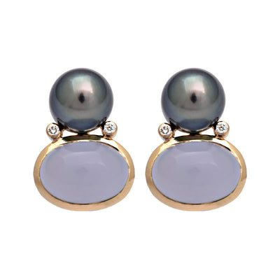 Earrings - Chalcedony, South Sea Pearl And Diamond