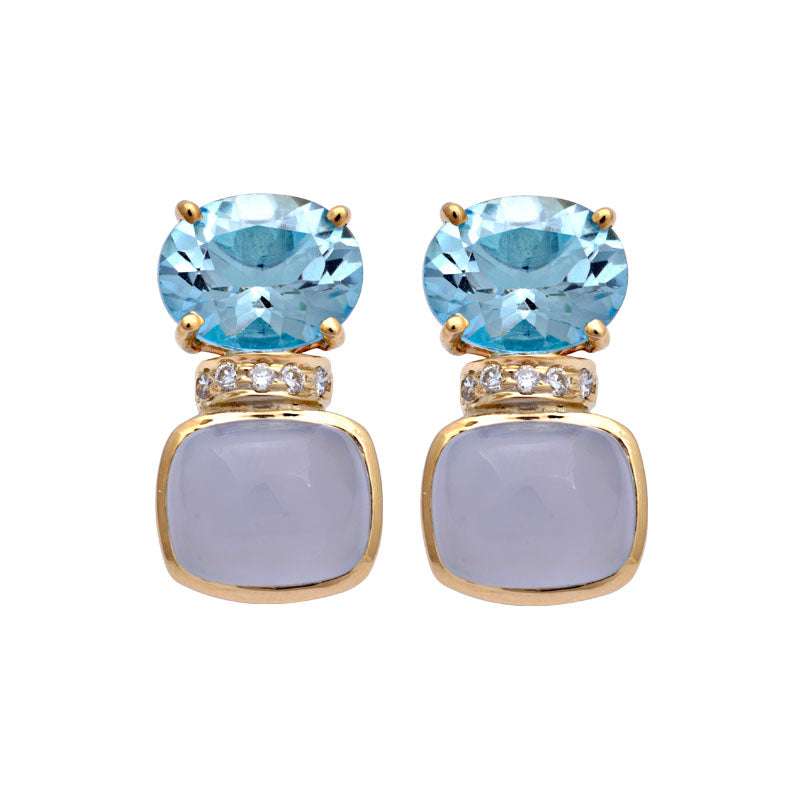 Earrings-Blue Topaz, Chalcedony and Diamond