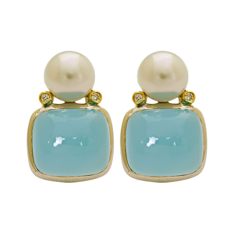 Earrings- Chalcedony, South Sea Pearl and Diamond