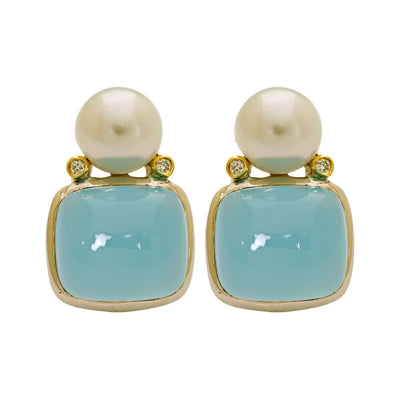 Earrings- Chalcedony, South Sea Pearl and Diamond