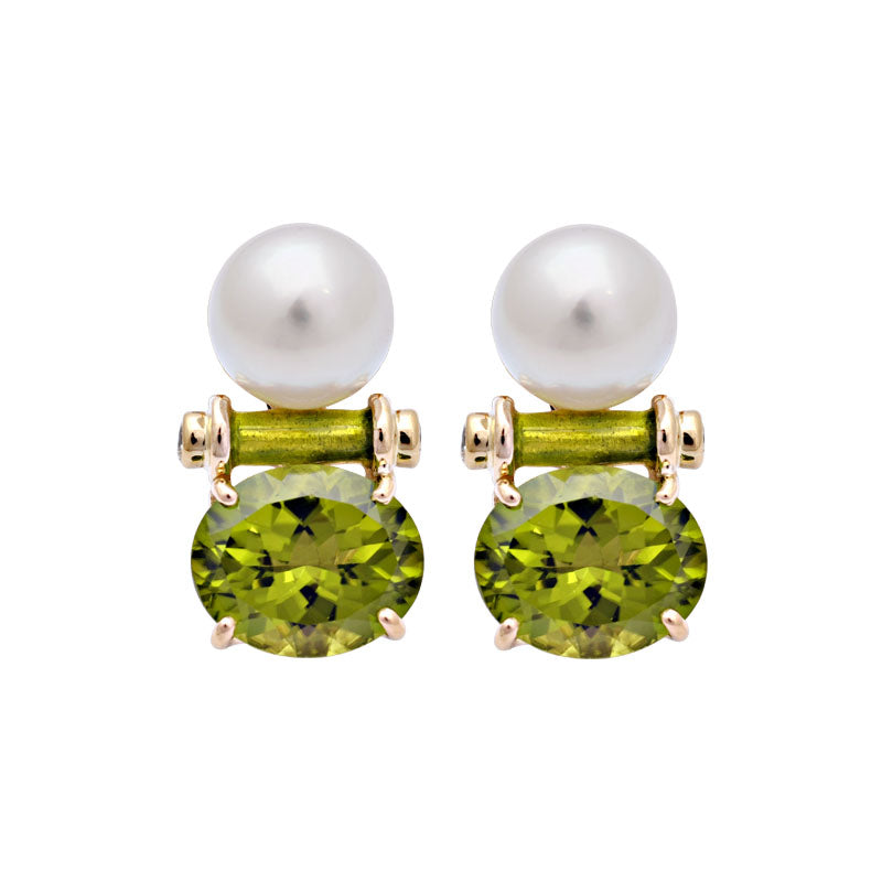 Earrings-Peridot, South Sea Pearl and Diamond (Enamel)