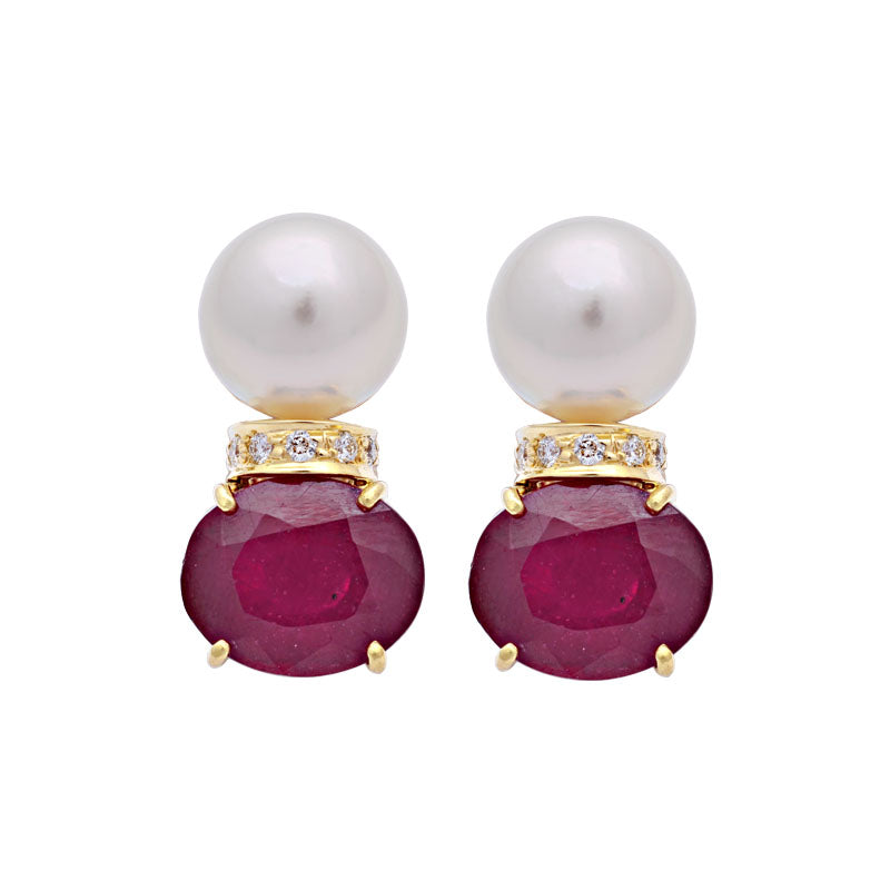 Earrings-Glass Filled Ruby, South Sea Pearl and Diamond