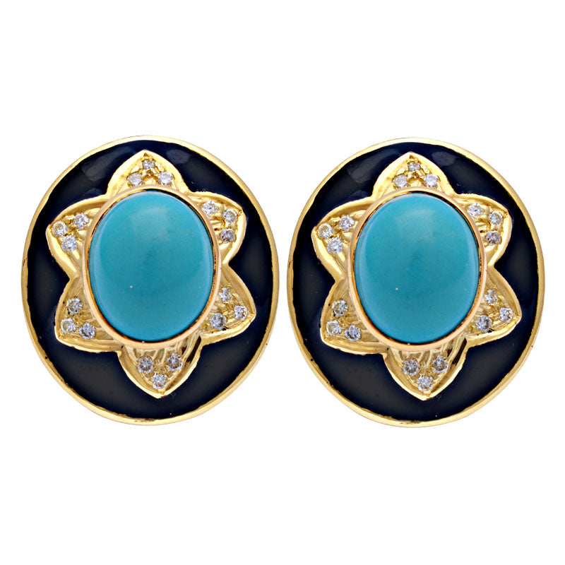 Earrings-Synthetic Turquoise and Diamond (Enamel)