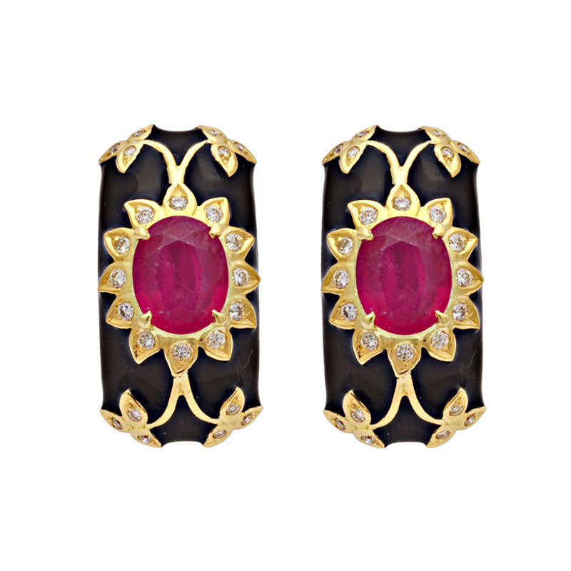 Earrings-Glass Filled Ruby and Diamond (Enamel)