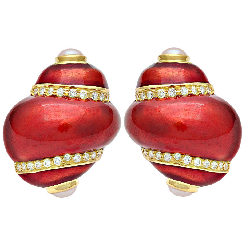 Earrings-Fresh Water Pearl and Diamond (Enamel)