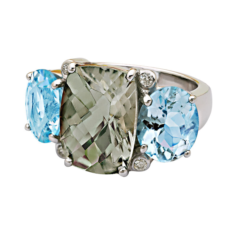 Ring-Green Quartz, Blue Topaz and Diamond