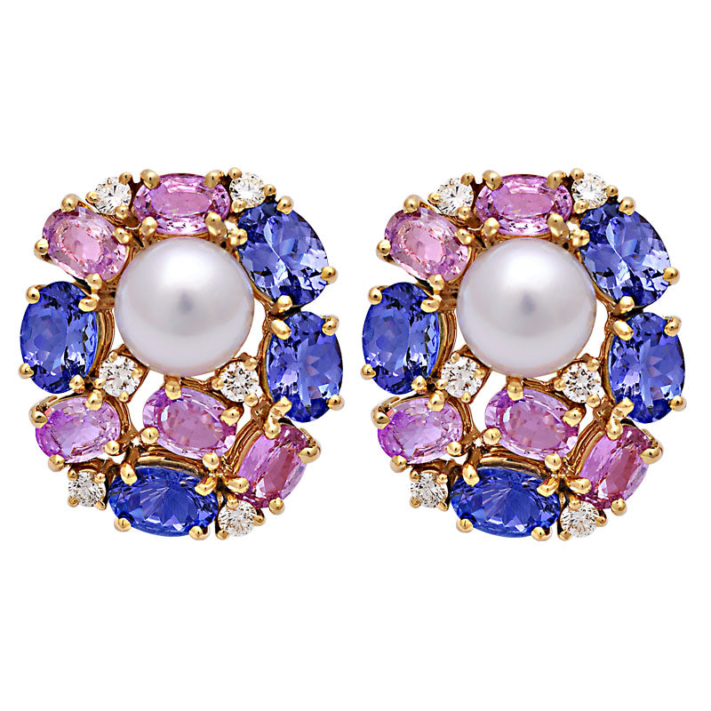 Earrings - Tanzanite, Pink Sapphire, South Sea Pearl and Diamond | Singhvi Jewels