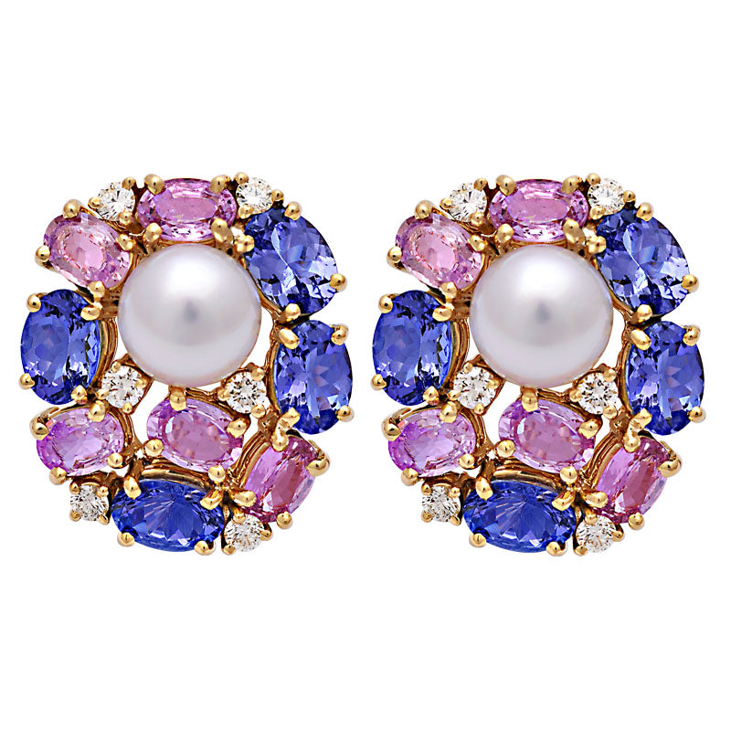 Earrings-Tanzanite, Pink Sapphire, South Sea Pearl and Diamond