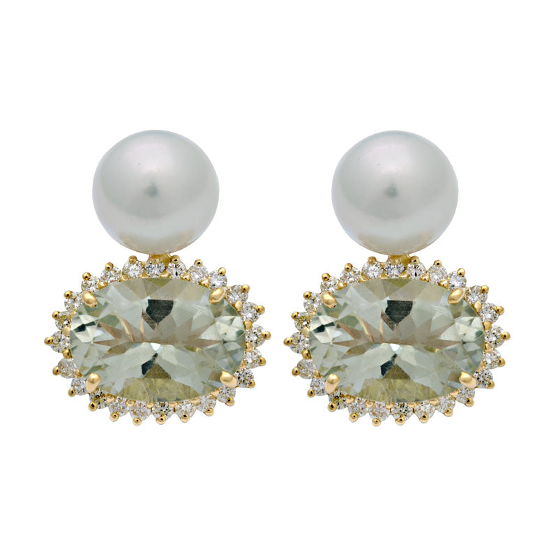 Earrings-Green Quartz, South Sea Pearl and Diamond