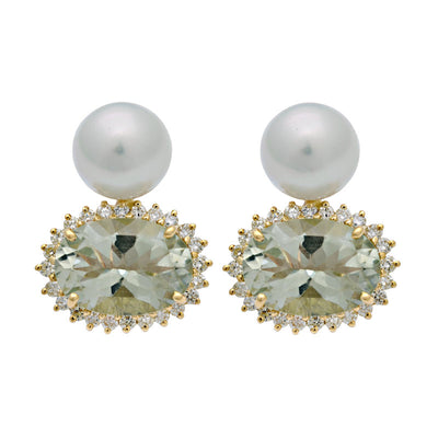 Earrings - Green Quartz, South Sea Pearl And Diamond