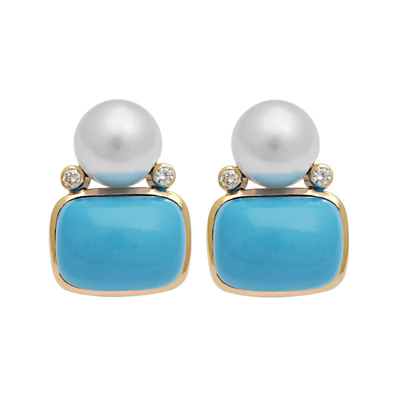 Earrings-Synthetic Turquoise, South Sea Pearl and Diamond