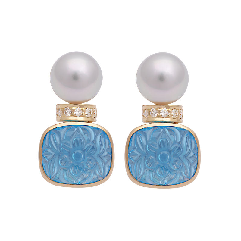 Earrings-Blue Topaz, South Sea Pearl and Diamond