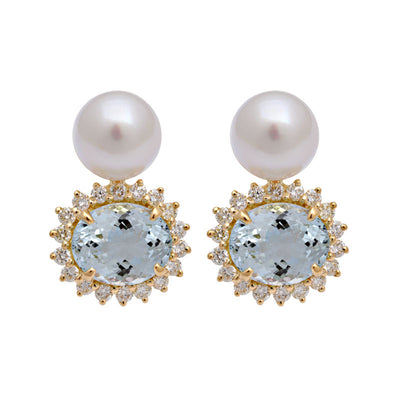 Earrings - Aquamarine, South Sea Pearl And Diamond