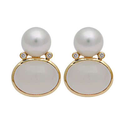 Earrings - Moonstone, South Sea Pearl And Diamond