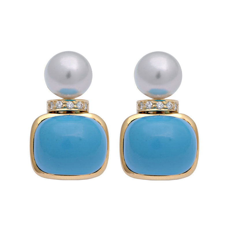 Earrings-Synthetic Turquoise, South Sea Pearl and Diamond