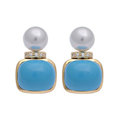 Earrings - Turquoise, South Sea Pearl and Diamond