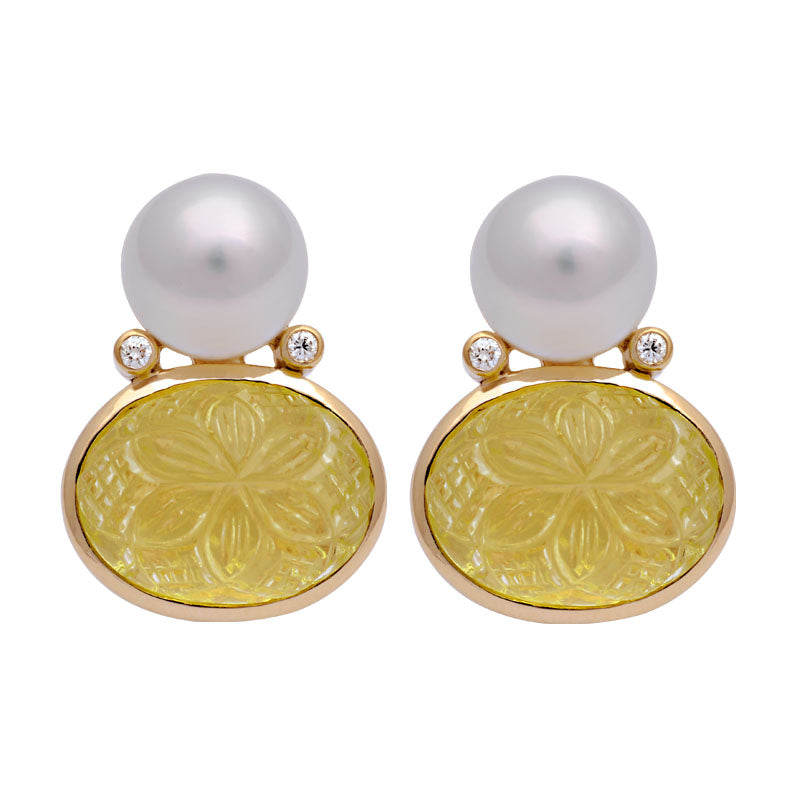 Earrings - Lemon Quartz, South Sea Pearl and Diamond | Singhvi Jewels