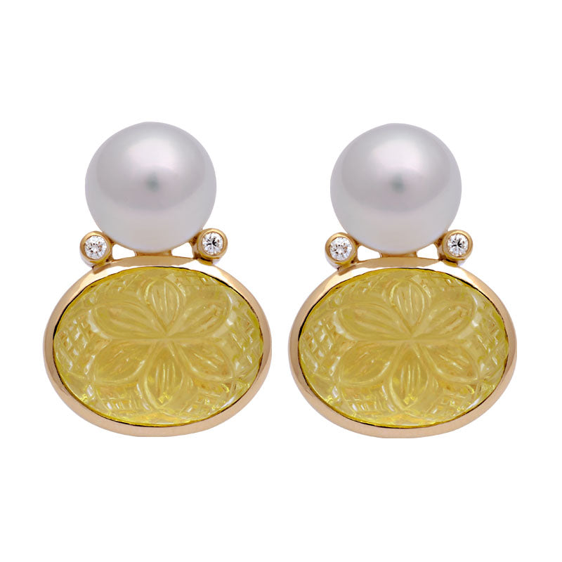 Earrings-Lemon Quartz, South Sea Pearl and Diamond