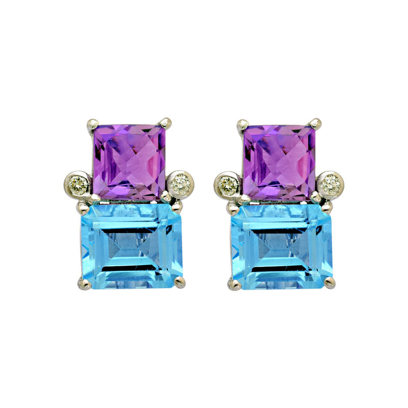 Earrings-Blue Topaz, Amethyst and Diamond