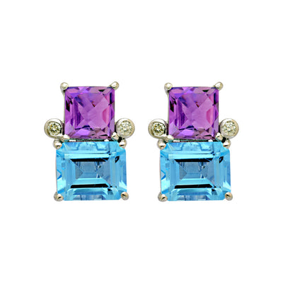 Earrings-Blue Topaz, Amethyst and Diamond