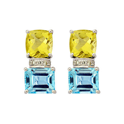 Earrings - Blue Topaz, Lemon Quartz And Diamond