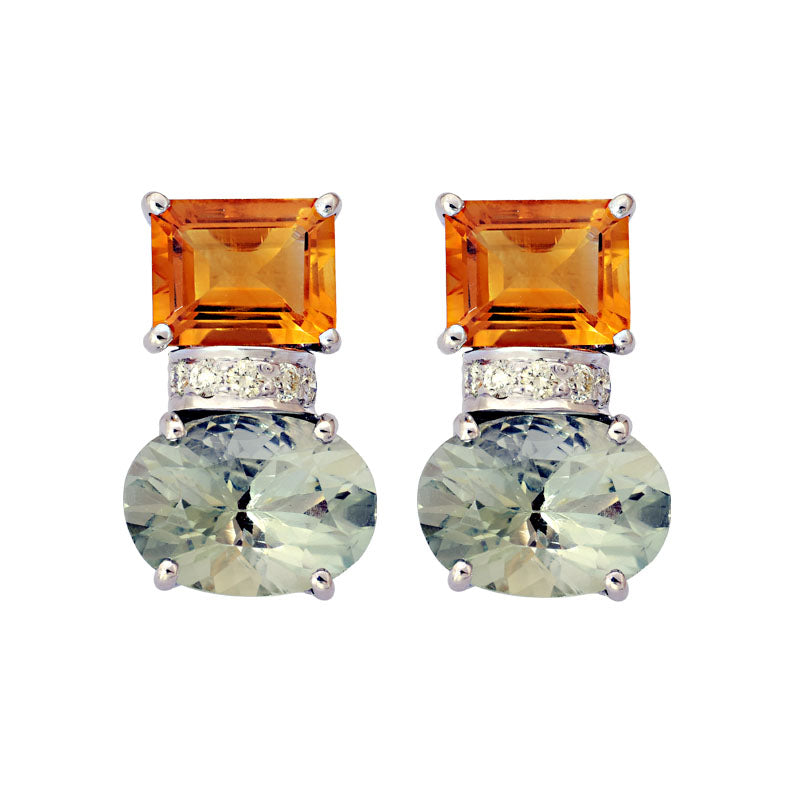 Earrings-Citrine, Green Quartz and Diamond