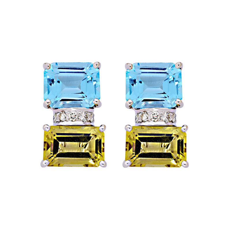Earrings-Blue Topaz, Lemon Quartz and Diamond