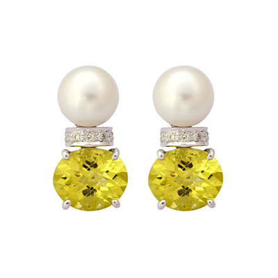 Earrings-Lemon Quartz, South Sea Pearl and Diamond