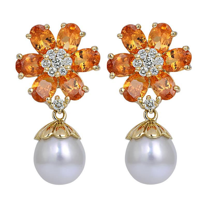 Earrings - Orange Garnet, South Sea Pearl and Diamond | Singhvi Jewels