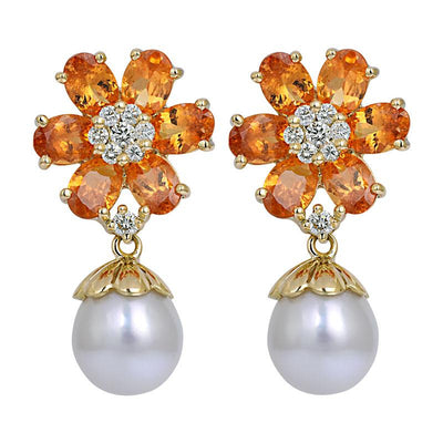 Earrings - Orange Garnet, South Sea Pearl And Diamond