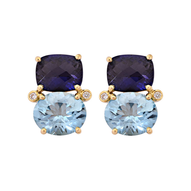 EARRINGS- IOLITE, BLUE TOPAZ AND DIAMOND
