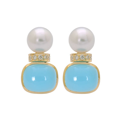 Earrings- Chalcedony, South Sea Pearl and Diamond