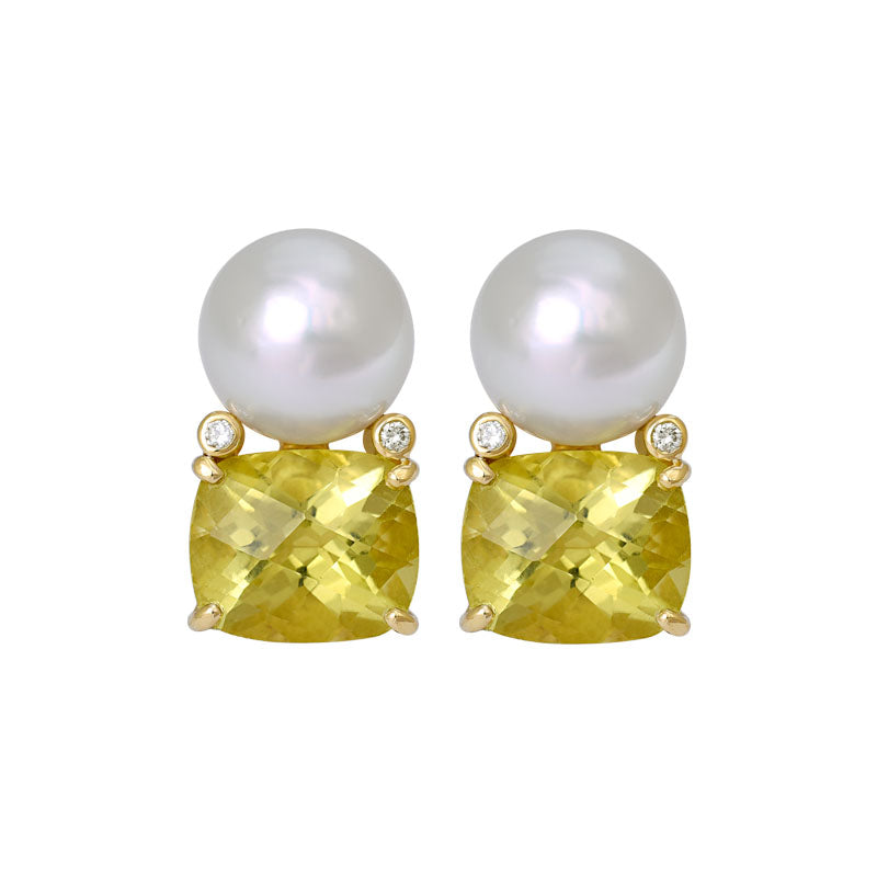 Earrings- Lemon Quartz, South Sea Pearl and Diamond